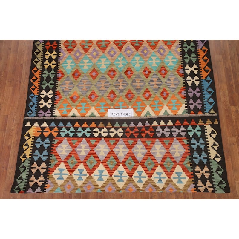 Hand Woven Oriental 100% Wool Carpet Southwestern All-Over Multi-Colored Kilim Area Rug - 9' 8'' X 6' 10''