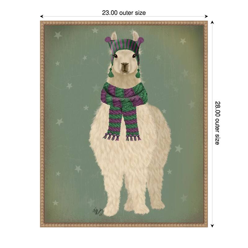 Llama with Purple Scarf, Full by Fab Funky (23 x 28 in.), Framed Canvas Wall Art Print - Sylvie Beaded Rustic Natural