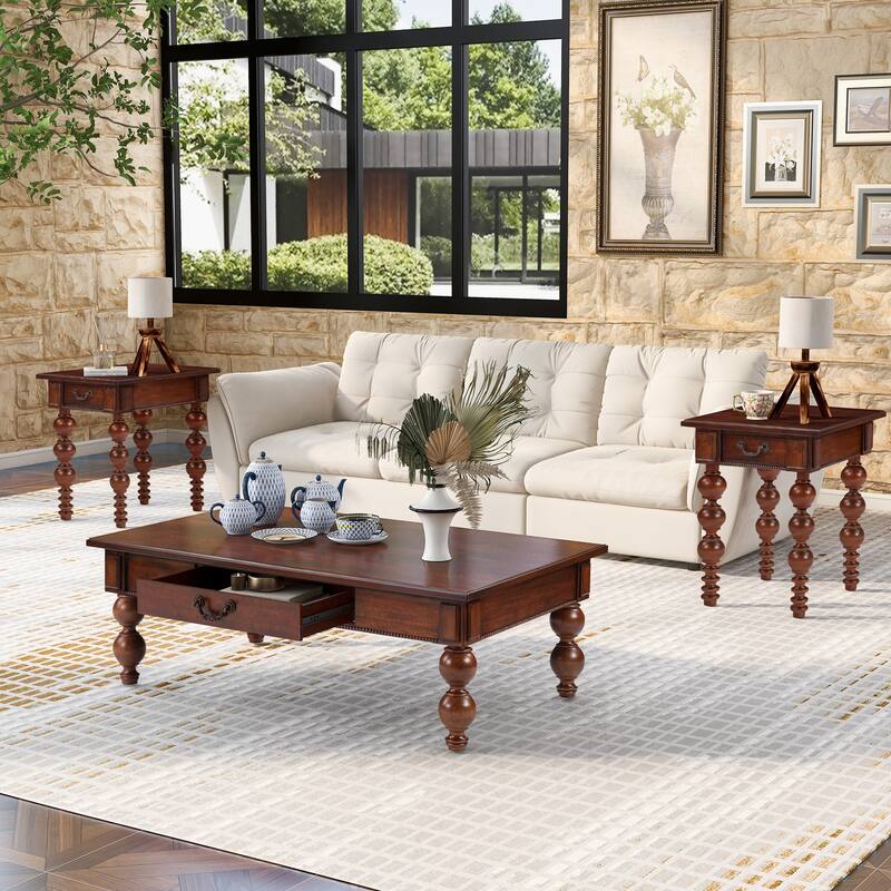 Solid Wood Table Sets of 3 with Coffee Table and 2 End Tables, Vintage Tables with Storage Drawers and Unique Gourd-Shaped Legs - Walnut