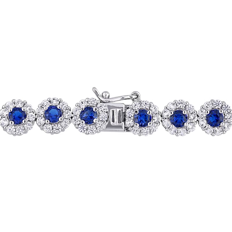 Miadora 11 1/3ct TGW Created Blue and White Sapphire Halo Floral Tennis Bracelet Sterling Silver - 7 in x 7.5 mm x 3 mm