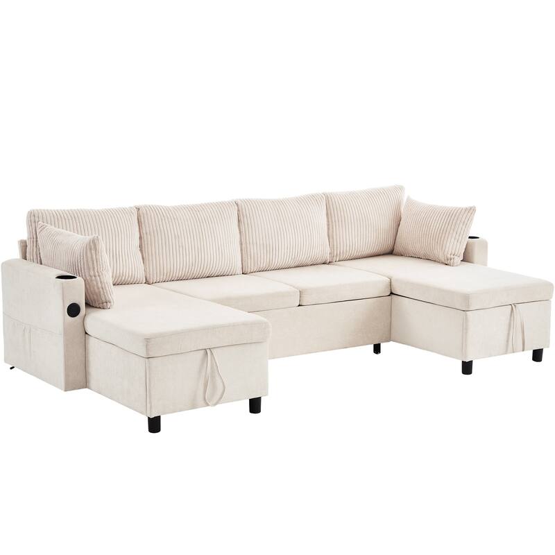 111.8" Chenille Sectional Sleeper Sofa U-Shaped Convertible Sofa Bed with Storage Chaise and USB Ports