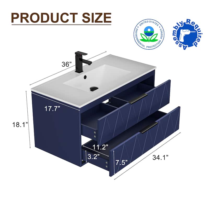 24"/30"/36"/48" Ceramic Vessel Sink Wall Mounted Bathroom Vanity Set