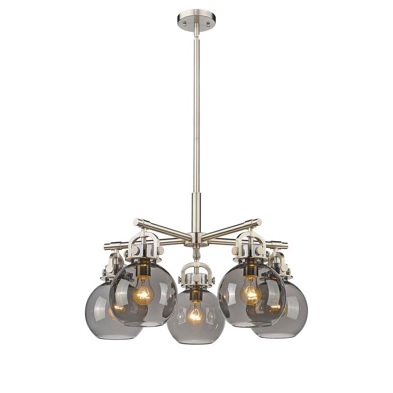 Innovations Lighting Newton Sphere - 5 Light 7" Stem Hung Chandelier. - Satin Nickel/Light Smoke