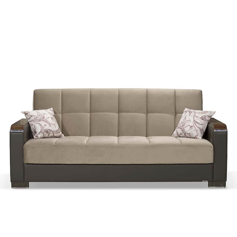 HomeRoots 87" Brown And Sand Chenille And Faux Leather Convertible Futon Sleeper Sofa With Toss Pillows And Storage