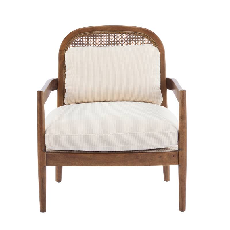 Roomfitters Mid-Century Accent Chair with Walnut Wood Frame & Rattan Back, Striped Cushion, Set of 2