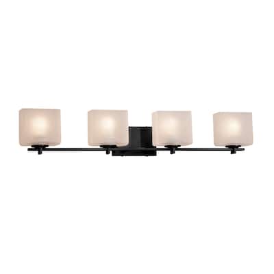 Justice Design Fusion Era 4-light Matte Black Bath Bar, Frosted Crackle Rectangle Shade
