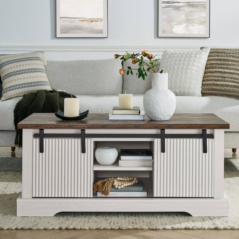 41.3 Inch Coffee Table with Storage and Sliding Wood Door, Farmhouse and Industrial Cocktail Table with Adjustable Shelv