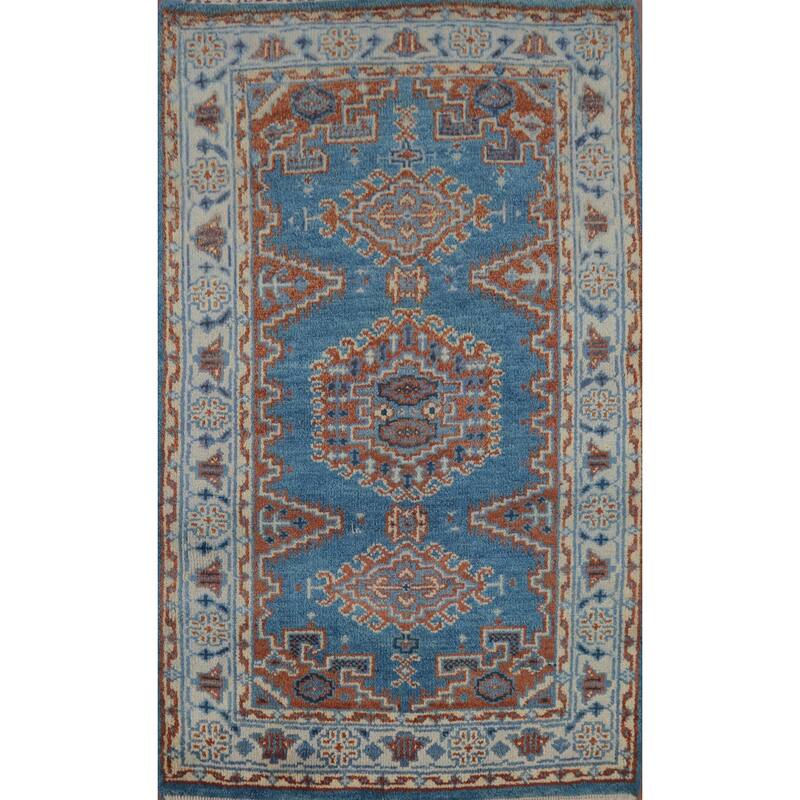 Blue Geometric Viss Indian Rug Handmade Wool Carpet - 3'2" x 4'9"