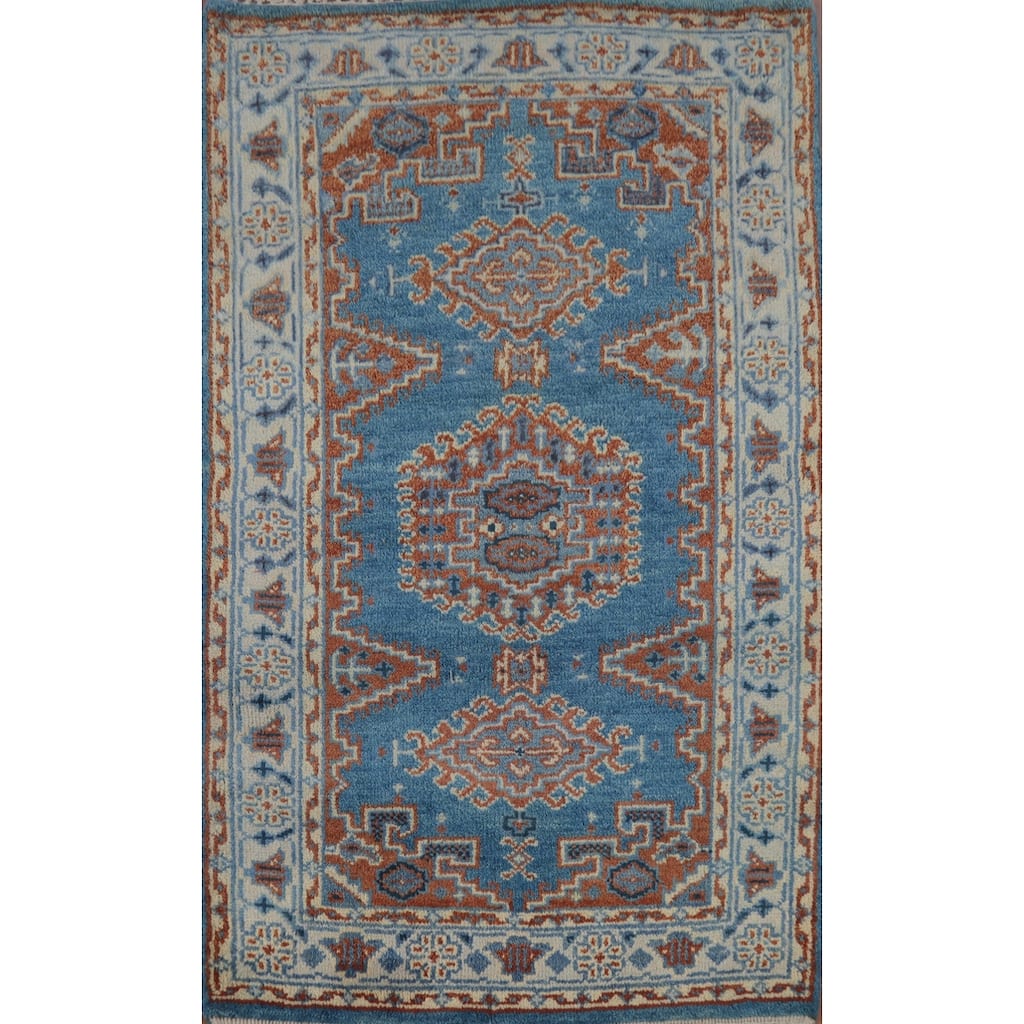 Blue Geometric Viss Indian Rug Handmade Wool Carpet - 3'2" x 4'9"