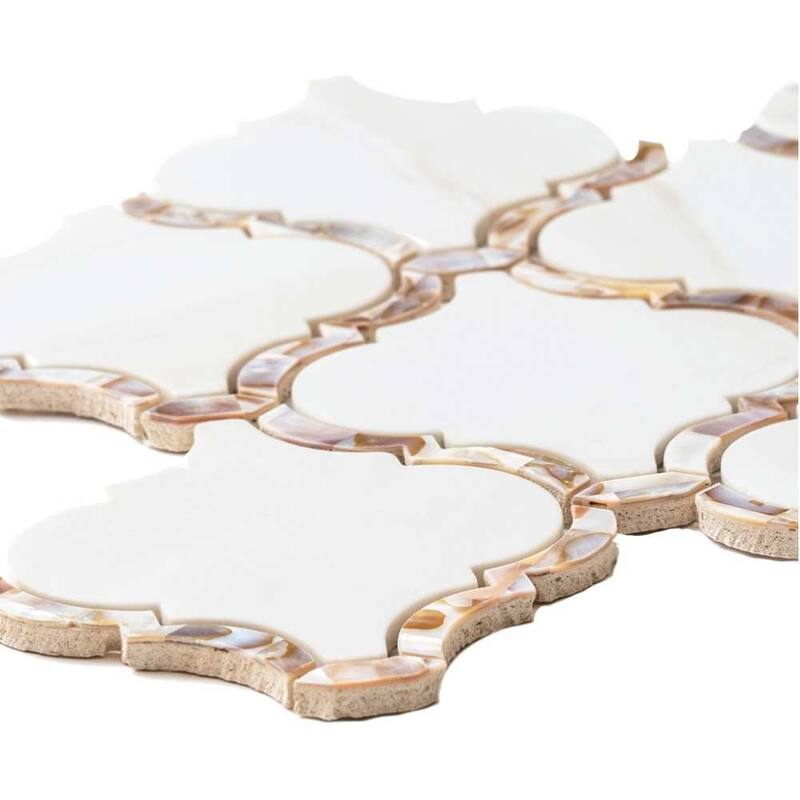 The Tile Life Tahitian Pearl 14x14.5 Calacatta Gold Satin Glass Arabesque Mosaic Wall & Backsplash Tile
