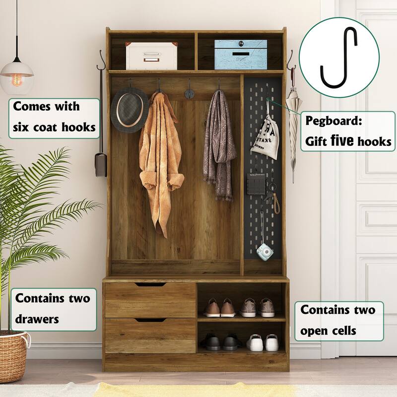 Modern Coat Rack Stylish Hallway Rack with Shoe Bench Storage Compartment 6 Hooks, Storage Bench, for Entryway, Hallway, Brown