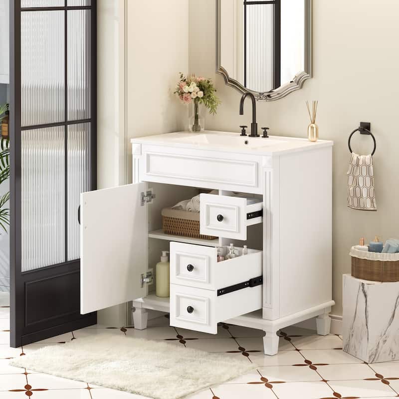 Anmytek 30 Inch Small Bathroom Vanity Cabinet with Ceramic Sink 2 Drawers Adjustable Shelf