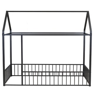 Twin Size Montessori Floor Bed House Bed Frame with Fence Rails, Black