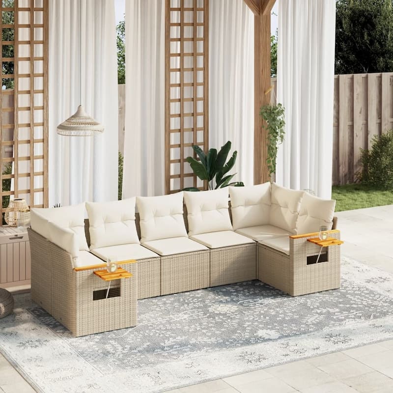 vidaXL Patio Sofa Set with Cushions Outdoor Furniture 7 Piece Poly Rattan - 24.4 x 33.5 x 27.2 in - Beige and cream