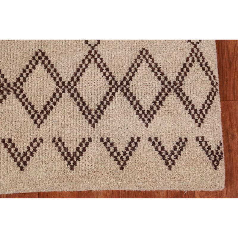 Hand Knotted Oriental 100% Wool Carpet Modern Geometric Beige & Ivories Moroccan Area Rug - 8' 0'' X 5' 0''