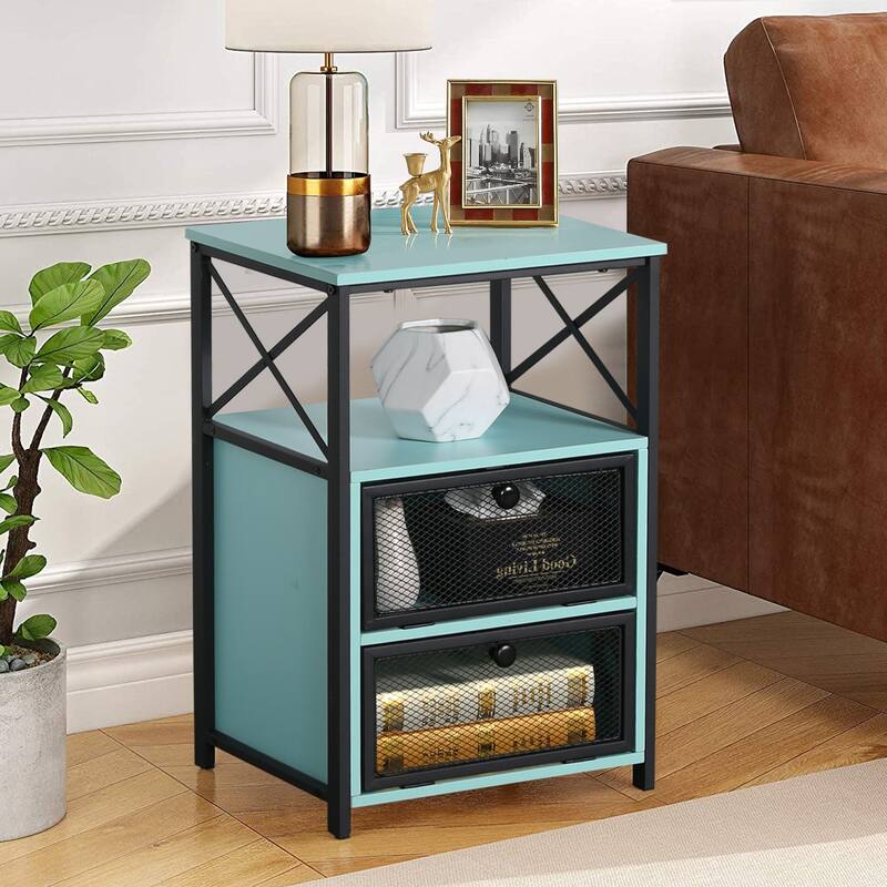 Javlergo Nightstand with 2 Drawers and Storage Shelf for Bedroom, Small Night Stands, Bed Side Table - Blue