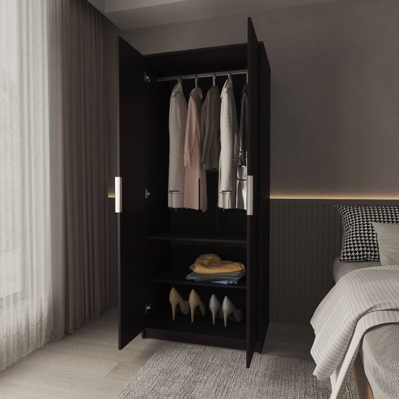 Wardrobe Berlin, Two Doors, Hanging Rod, Two Shelves, Shoe Rack, Bedroom, Wengue