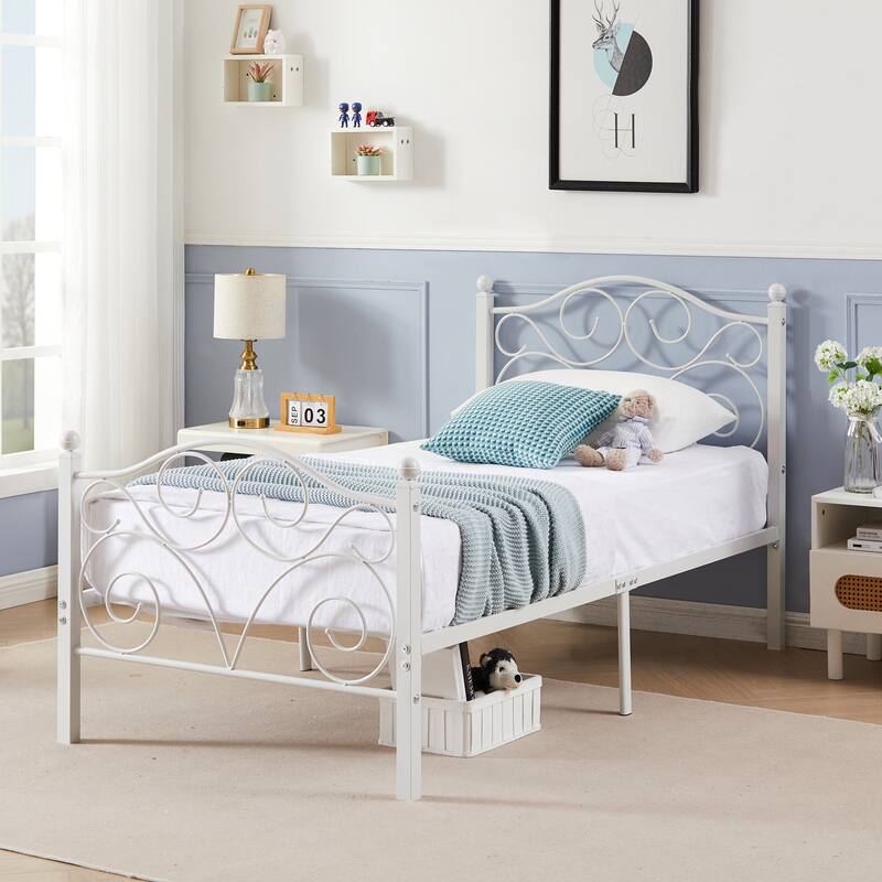 Javlergo 2-Pack Twin Size Victorian Metal Bed Frame for Kids with Headboard & Footboard No Box Spring Needed