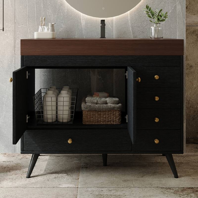 36" Bathroom Vanity with Faux Marble Top & Ceramic Sink, 5-Drawer Storage Cabinet with Stainless Steel Legs