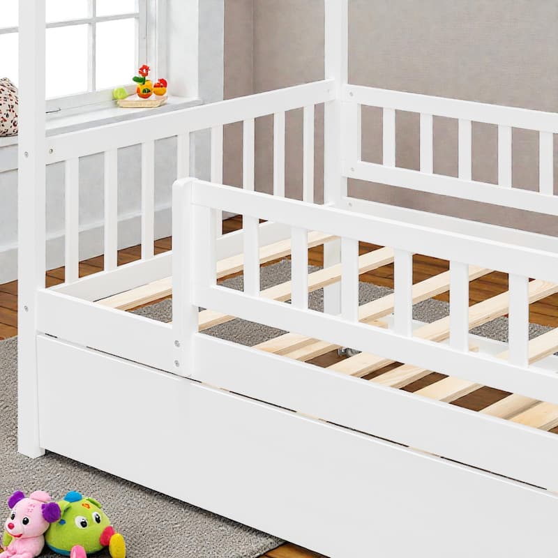Twin/Full Wooden House Bed with Twin Trundle, Kids Platform Bed Frame with Roof Design, Solid Pine Wood
