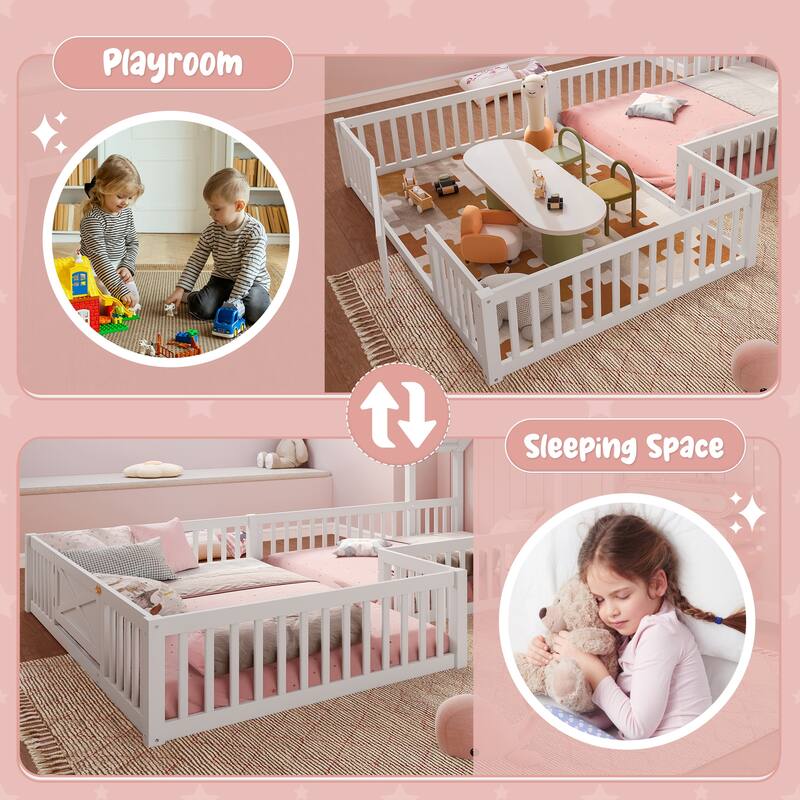 Roomfitters Double House Floor Bed with Door, Solid Wood Frame with Fence Guardrails for Playroom