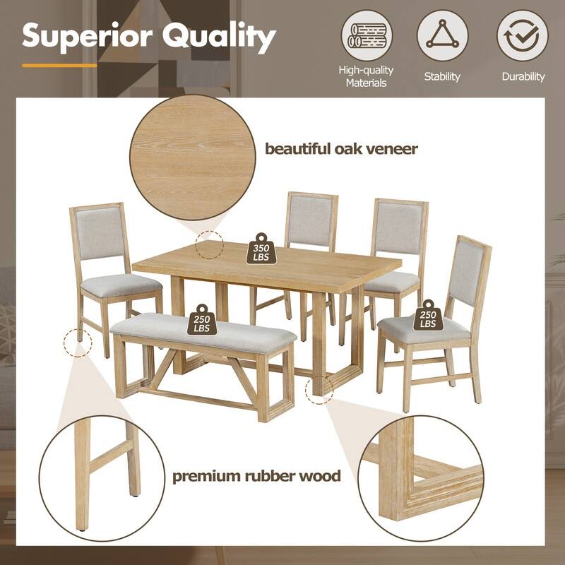 Spruce & Spring Dining Table Set for 6, 6-Piece Mid Century Modern Farmhouse Table with Chairs and Bench