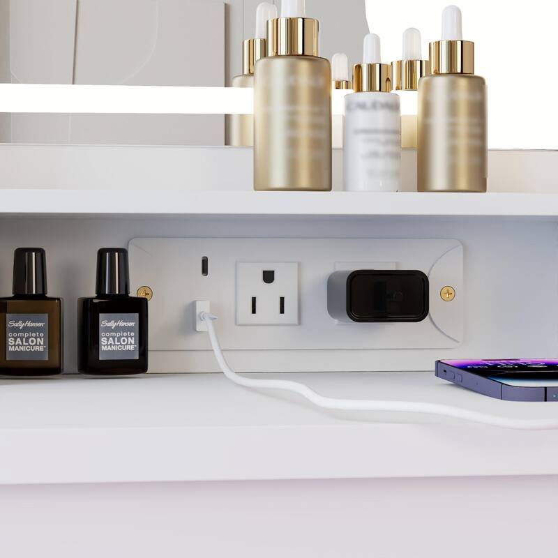 41" Large Size Left Drawer Desktop Vanity Table + Cushioned Stool Dresser Set, 2 AC+2 USB Power Station, Hair Dryer Stand