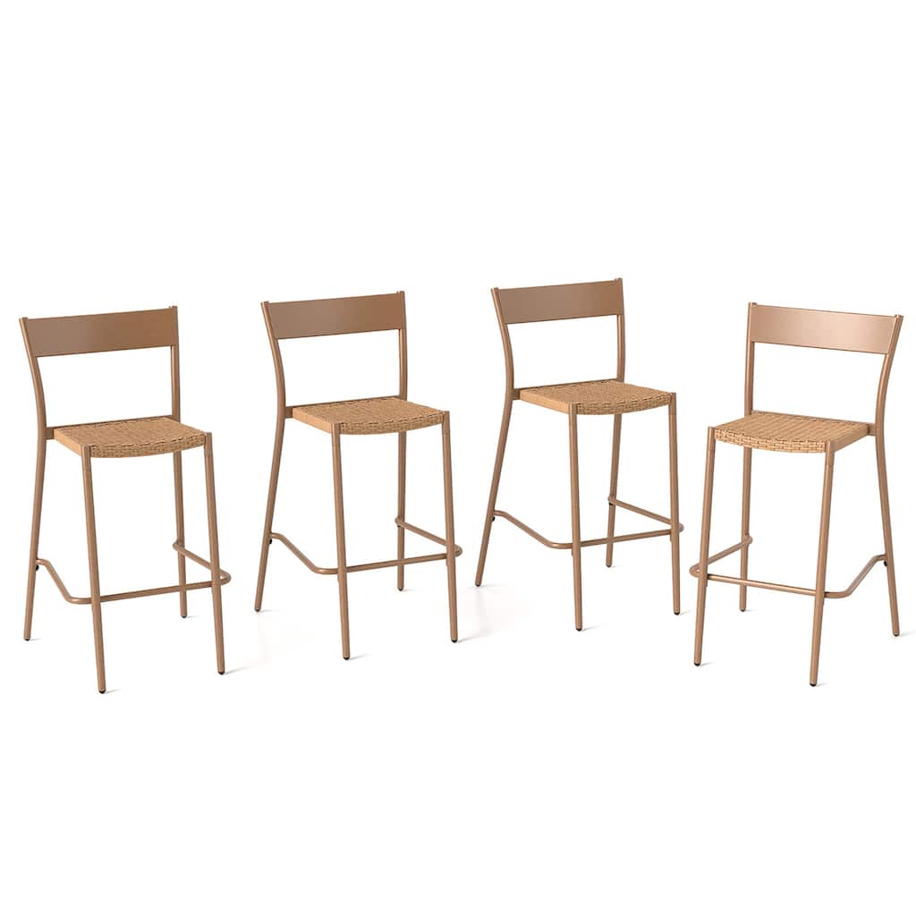 Gymax 4PCS Patio Barstools Outdoor Bar Height Chairs w/ Rattan Seat &