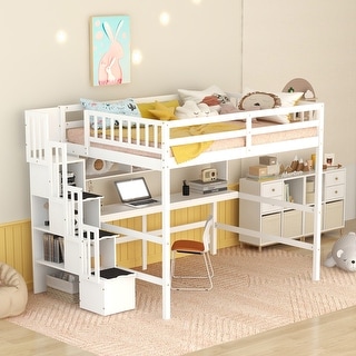 Full Loft Bed with Desk, Storage Staircase & Study/Sleep Combo