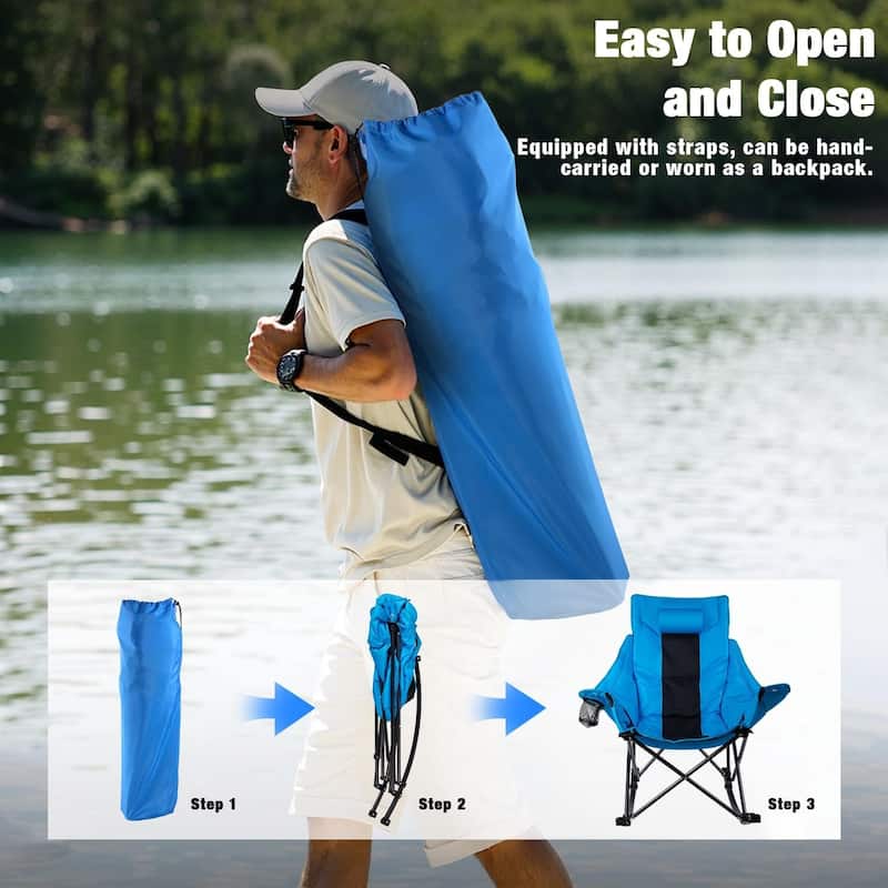 BOSSIN Heavy-Duty Oversized Rocking Camp Chair, Portable Folding w/Cup Holder, Cooler & Pocket for Camping, Beach, Backyard