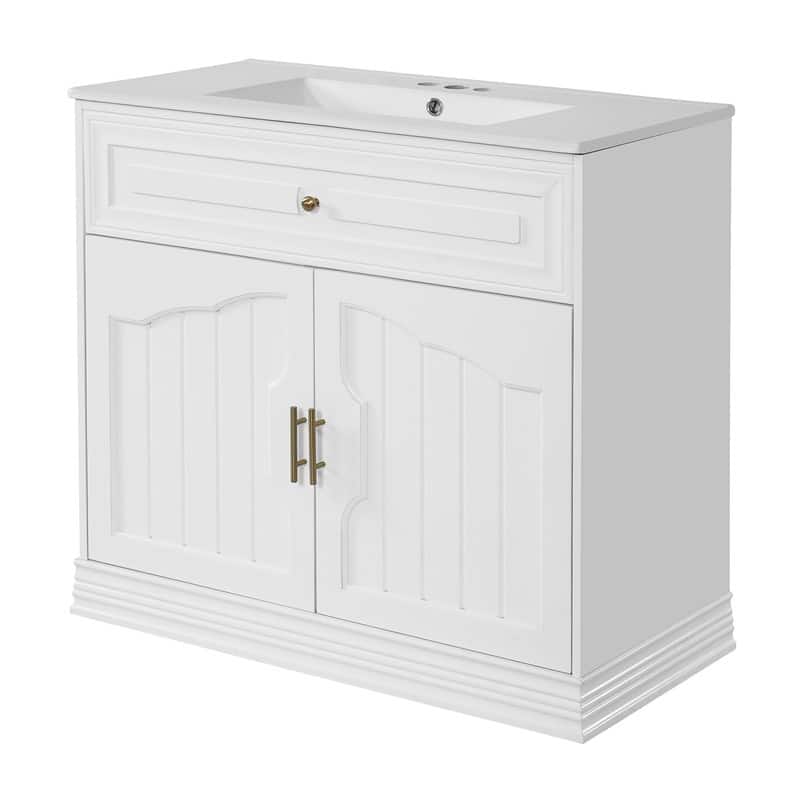 36"W Luxurious Bathroom Vanity with Ceramic Sink, Solid Wood Frame Bathroom Storage Cabinet with 2 Soft-Closing Doors