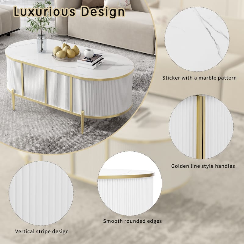 47.2" Modern Oval Coffee Table with Marble-patterned Top and 2 Cabinets