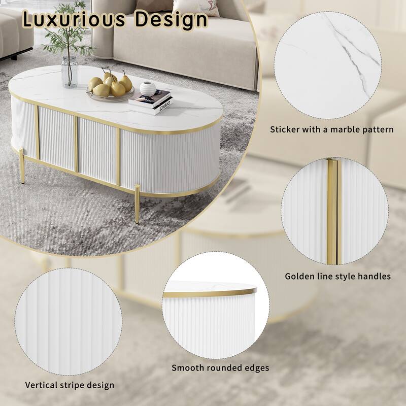 Modern Luxury Oval Grooved Coffee Table Marble Texture Coffee Table with 2 Cabinets Metal Legs for Living Room, White