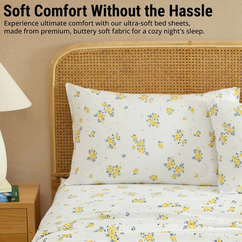 HLC.ME Floral Bed Sheets - Multi-Piece Bed Sheet Set - Wrinkle Resistant & Ultra Soft - Fits Mattresses up to 15 Inches Deep