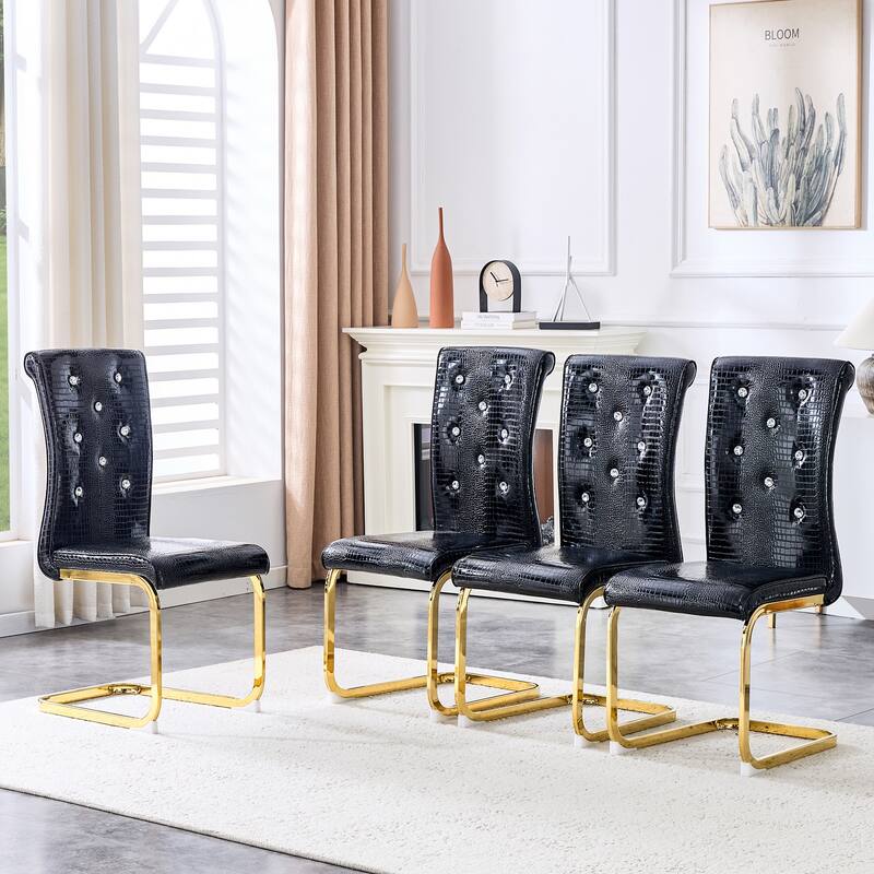 Set of 4, Retro Faux Alligator Skin Upholstered Dining Chairs, with Crystal Buckle Design and Faux Leather Design - Black