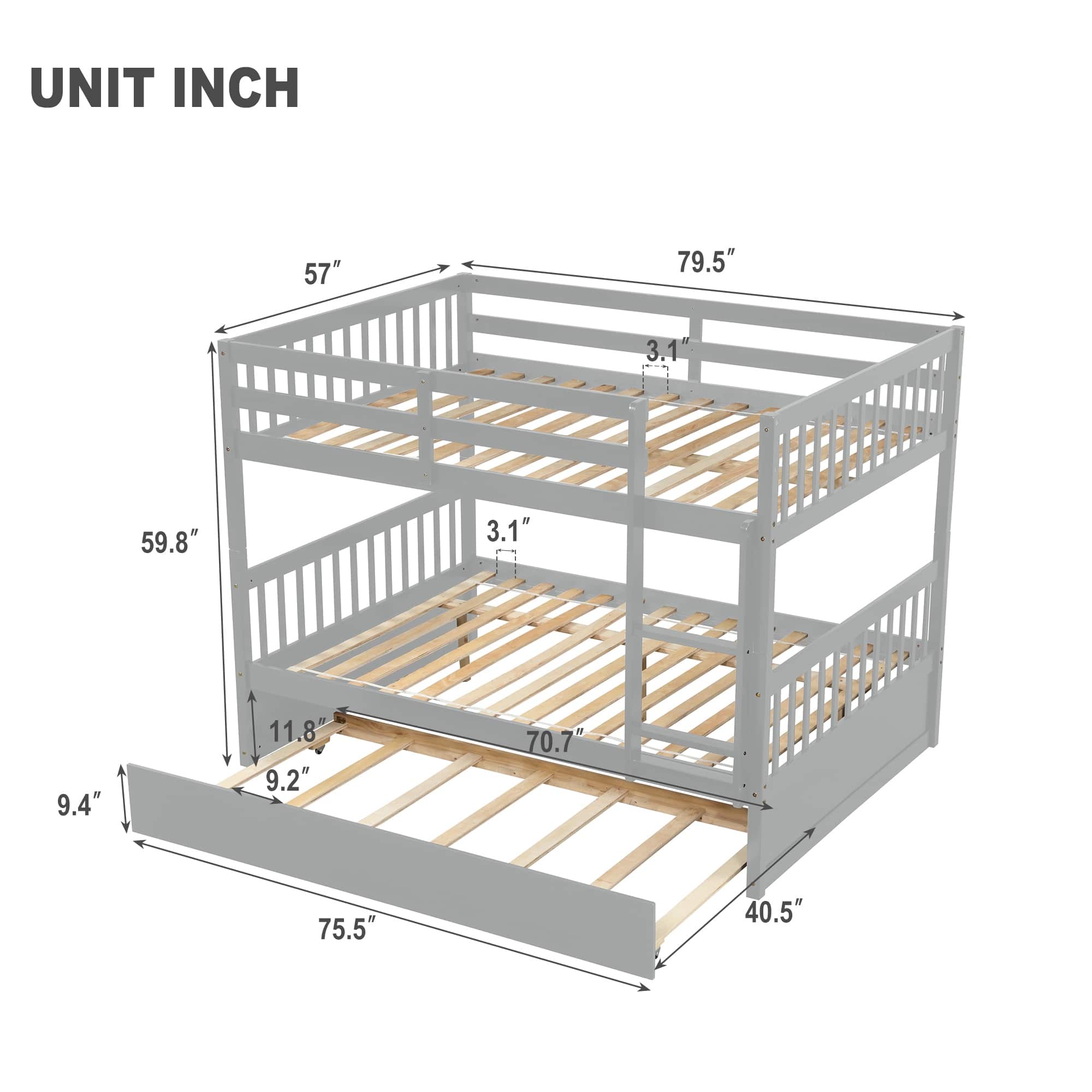 Full over Full Wood Separable Bunk Bed with Trundle&Ladder and Safety ...