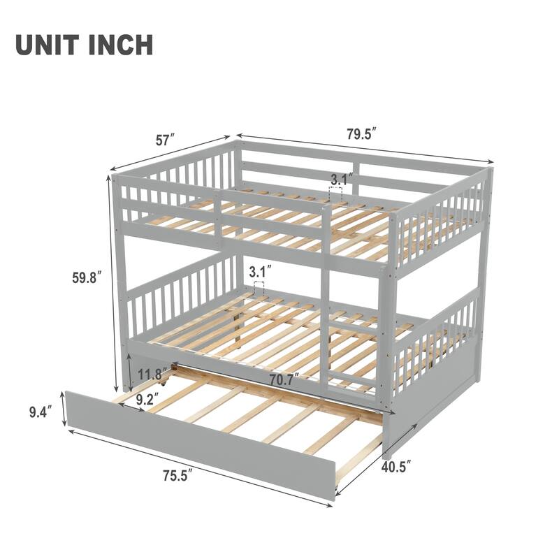 Twin/Full Size Bunk Bed with Trundle, Convertible to 2 Platform Bed