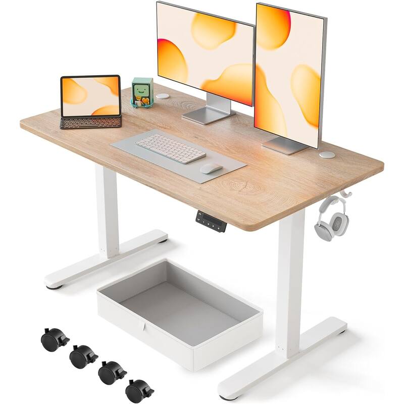 FEZIBO Standing Desk with Drawer, Adjustable Height Electric Stand up Desk with Storage, Sit Stand Home Office Desk