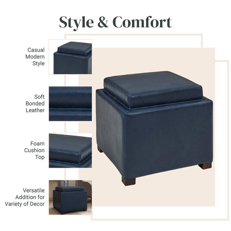 NPD Furniture Cameron Bonded Leather Square Storage Ottoman with Tray