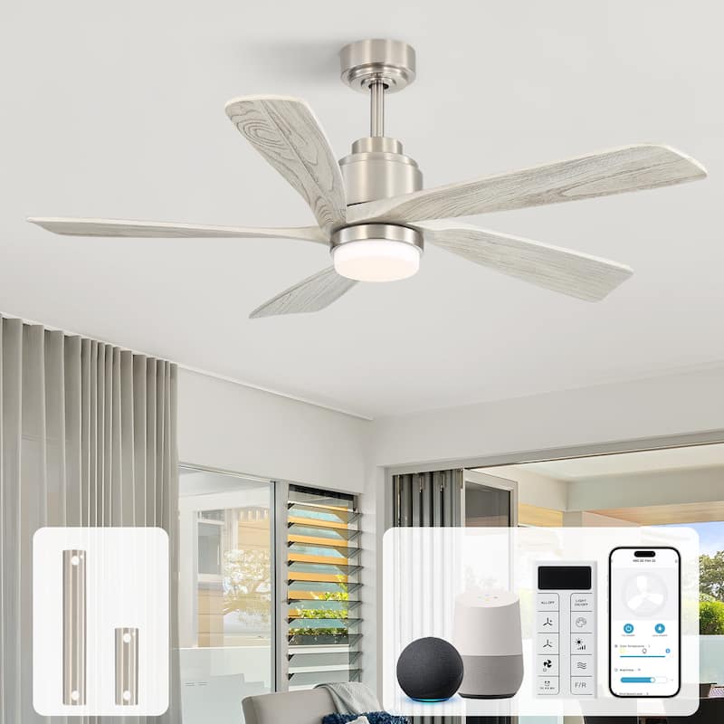 Sofucor 52 inch Solid Wood Flush Mount Ceiling Fan with Lights and Remote, Compatible with Alexa/Google/App, Quiet DC Motor