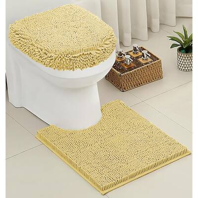 2 Piece Set Yellow Soft Cozy Plush Chenille Bath Mat Bathroom Rug & Toilet Seat Cover