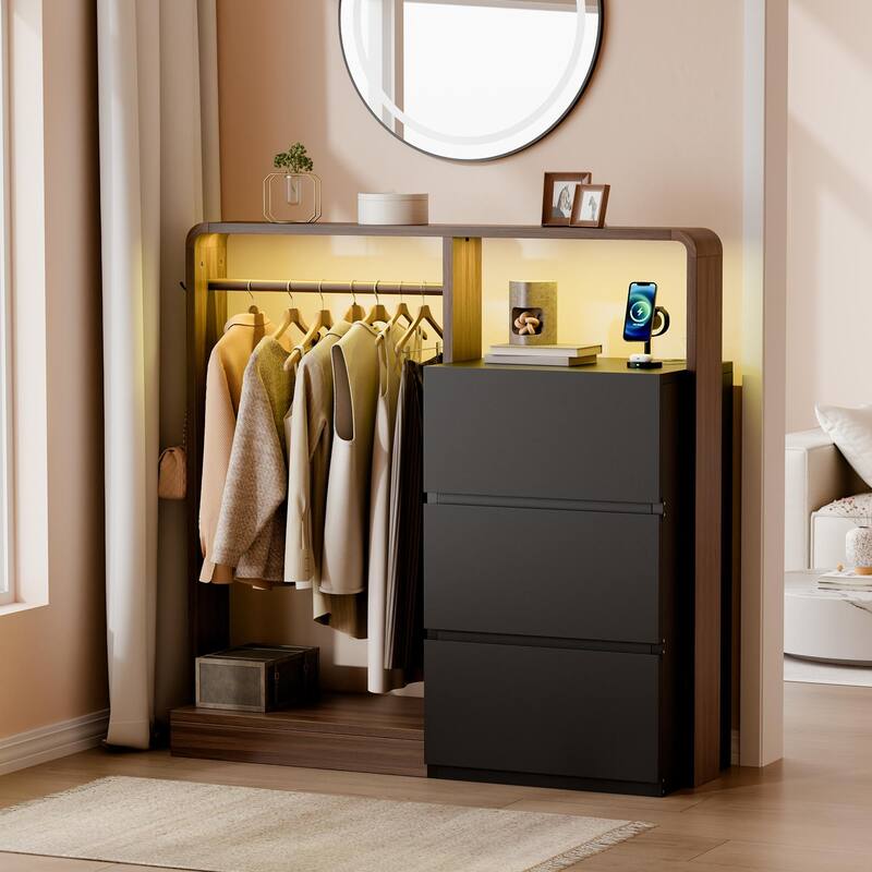 Dresser for Bedroom with Hanging Closet, 3 Drawers Dresser with LED Lights & Charging Station