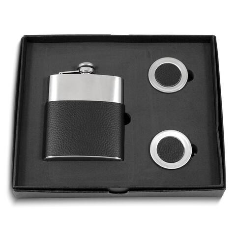 Curata Stainless Steel 7 Ounce Black Leather Wrapped Flask and 2 Collapsible Shot Glasses Gift Set