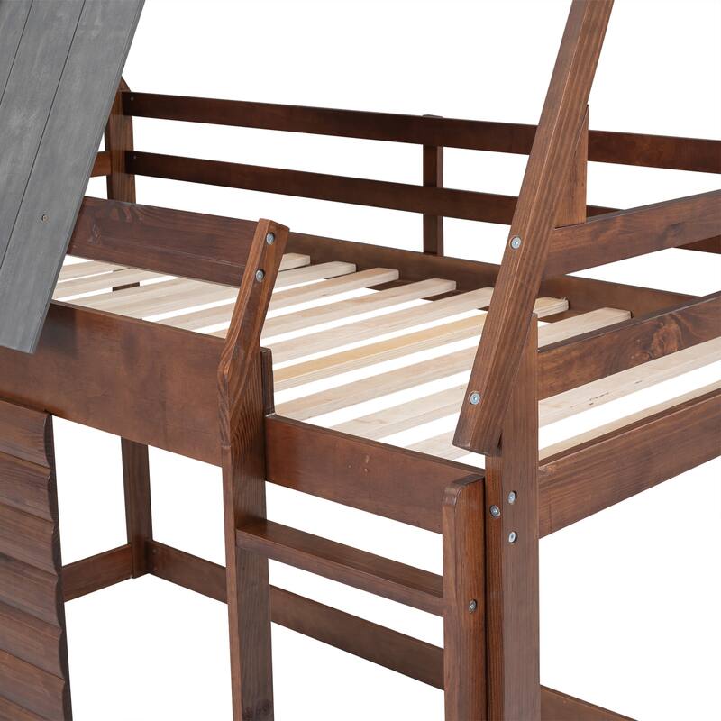 Wood Twin Over Twin House Bunk Bed with Roof & Ladder, Sturdy Pine Frame, Perfect for Kids Bedroom, No Box Spring Needed