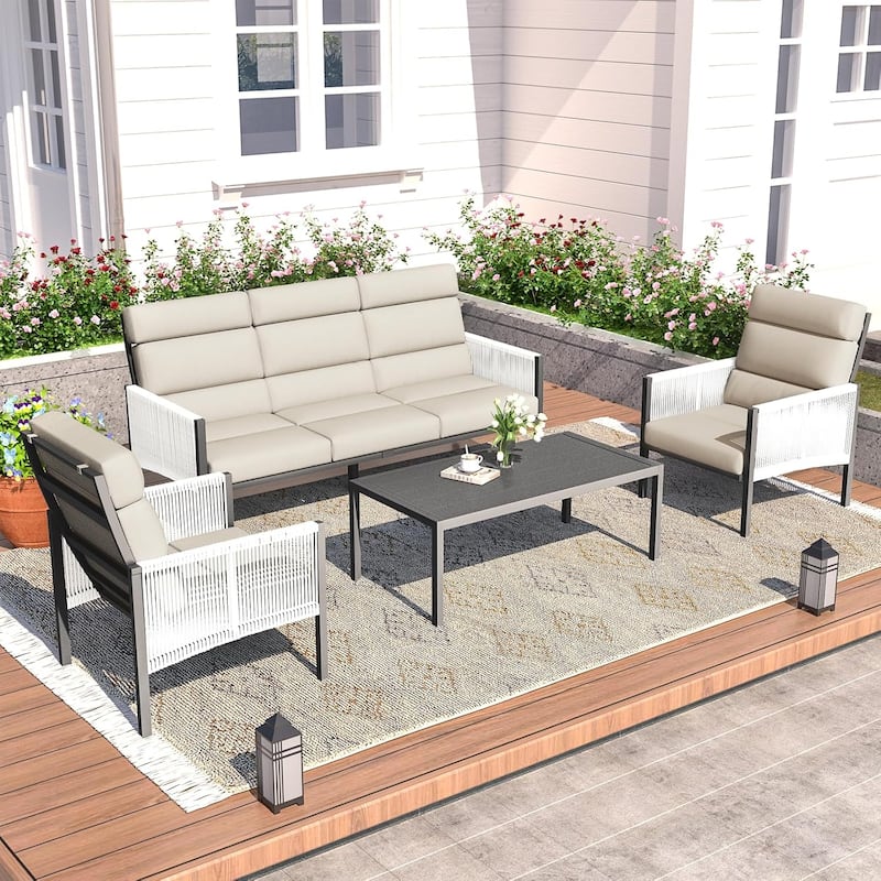 AECOJOY 4 Pieces Outdoor Aluminum Patio Furniture Set with Coffee Table, Morden Outdoor Patio Sectional Furniture Set - Beige