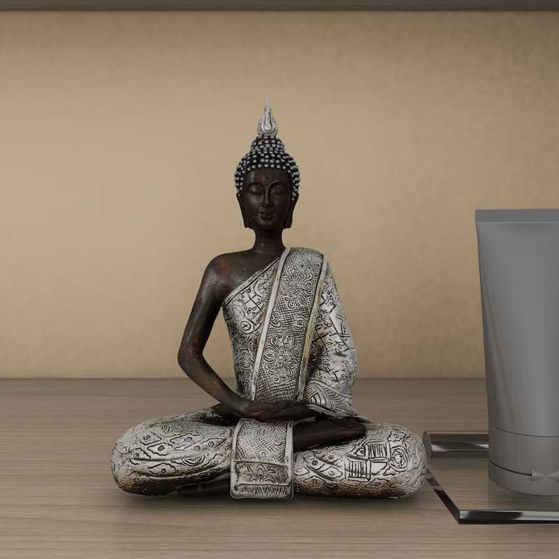 Black Polystone Meditating Buddha Decorative Sculpture with Engraved Carvings and Relief Detailing - 6 x 4 x 8