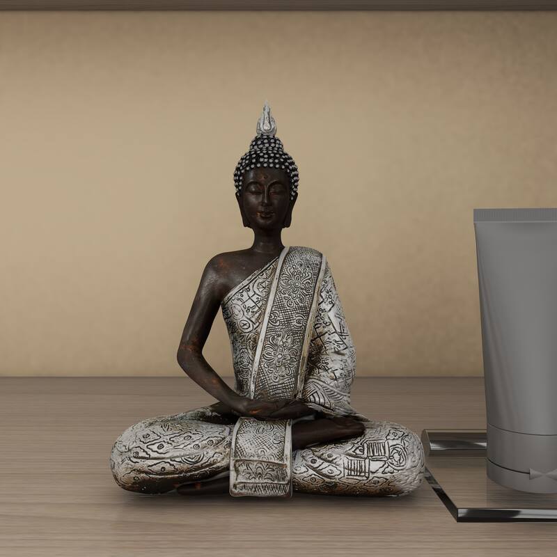 Silver Polystone Meditating Buddha Decorative Sculpture with Engraved Carvings and Relief Detailing