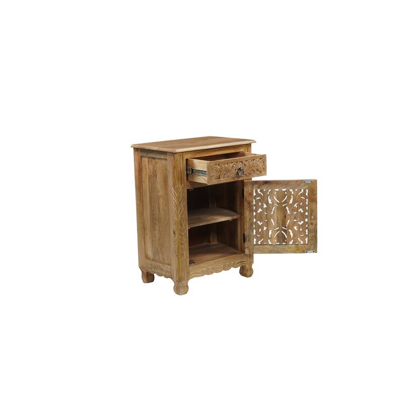 Florence Floral Solid Mango Wood 1-Drawer Nightstand with Cabinet Storage Assembled