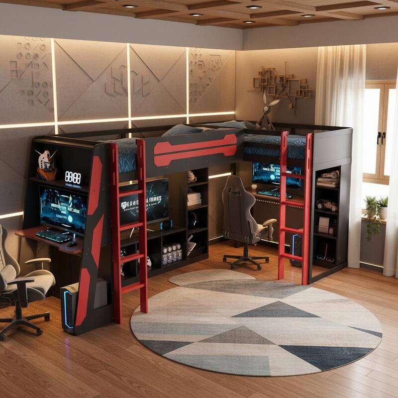 Ultimate L-Shaped Twin Loft Gaming Bed by Harper&Bright Designs - Red