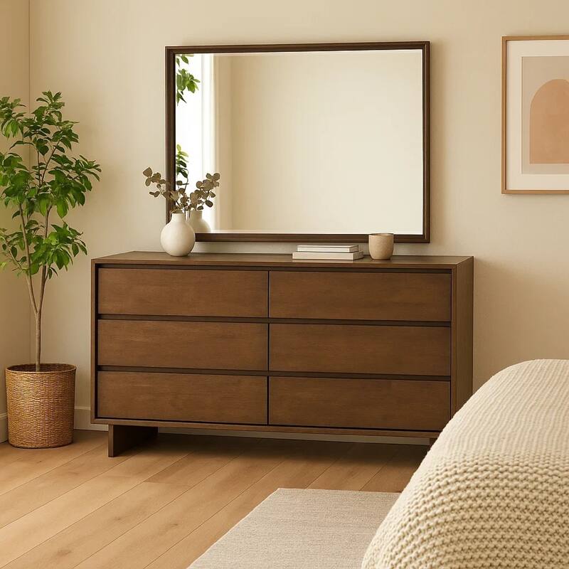 Genu Wide Dresser with Mirror, 6 Drawers, Beveled Glass, Brown Wood